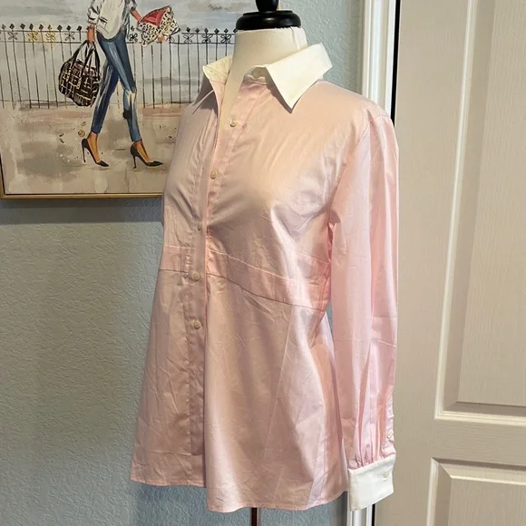 Rosie Pope Sz Medium Maternity Pink Button-Up Blouse w/White Collar & Cuffs NWT - Picture 4 of 12